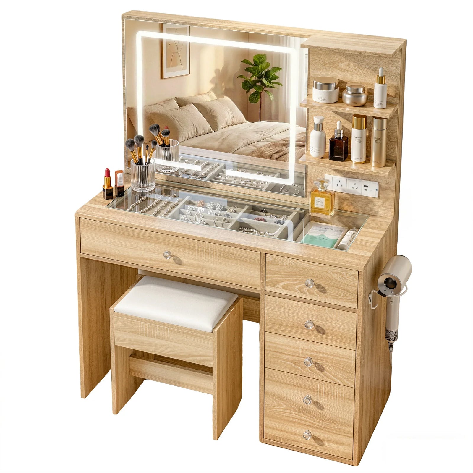 Dressing Table LED Vanity Desk Set Stool Wood