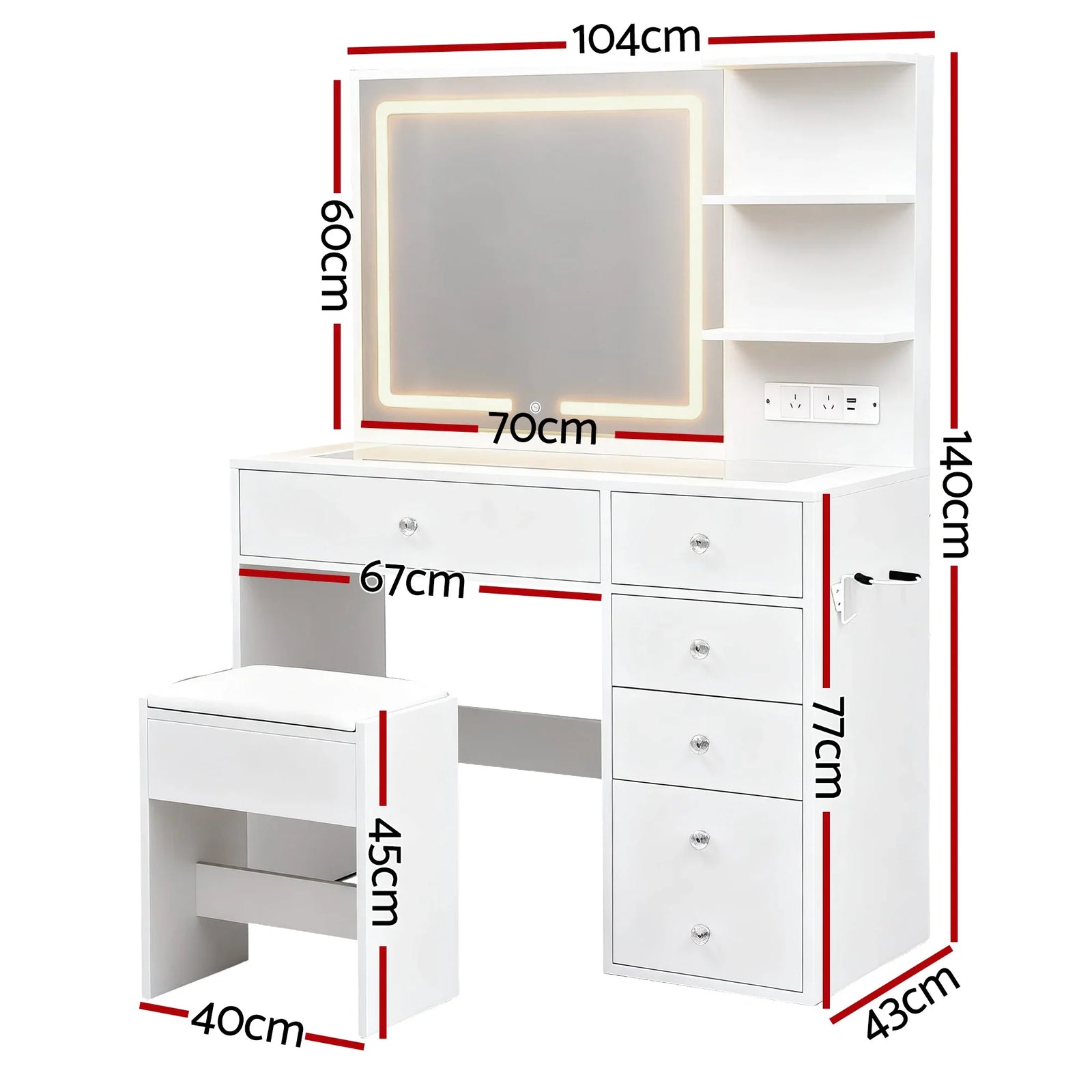 LED Dressing Table – Hollywood Makeup Mirror, Glass Top, 5 Drawers, Charging Station