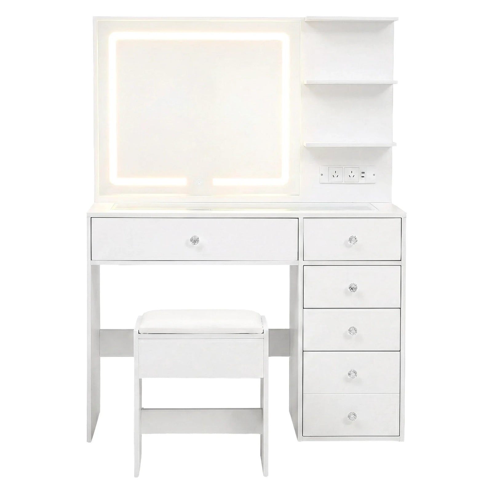 LED Dressing Table – Hollywood Makeup Mirror, Glass Top, 5 Drawers, Charging Station