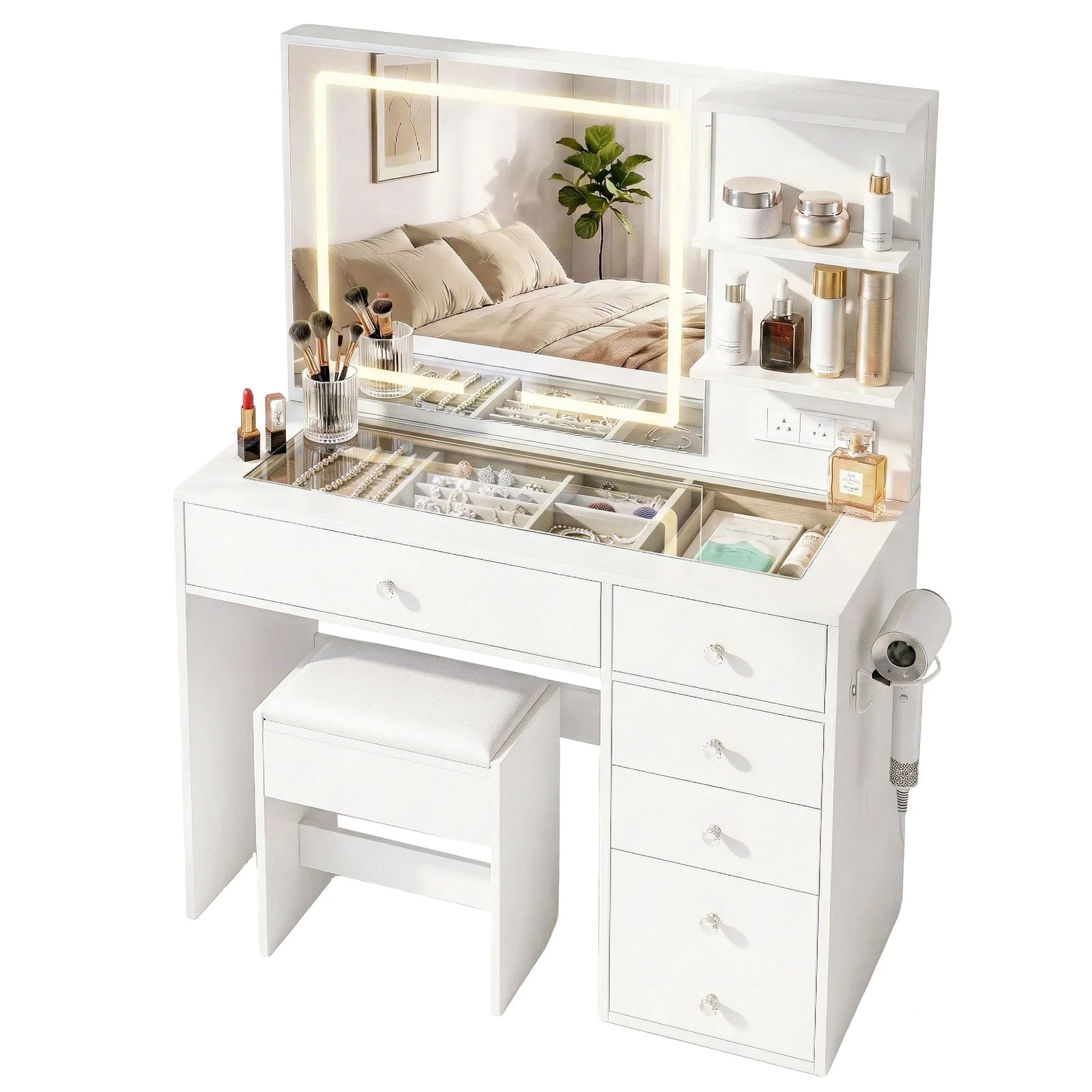 LED Dressing Table – Hollywood Makeup Mirror, Glass Top, 5 Drawers, Charging Station