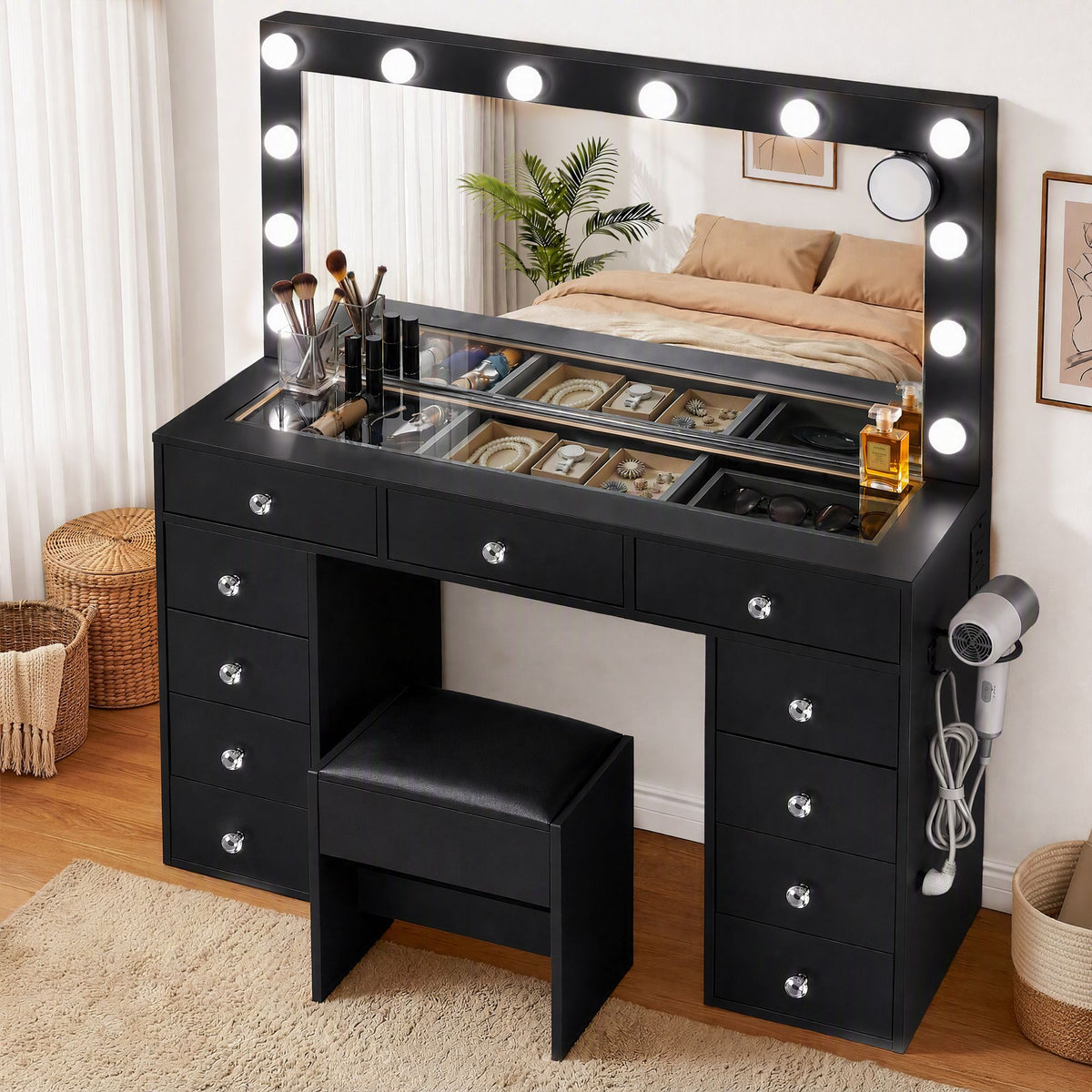 Artiss Black Dressing Table with Stool LED Mirror, Charging Station 11 Drawers