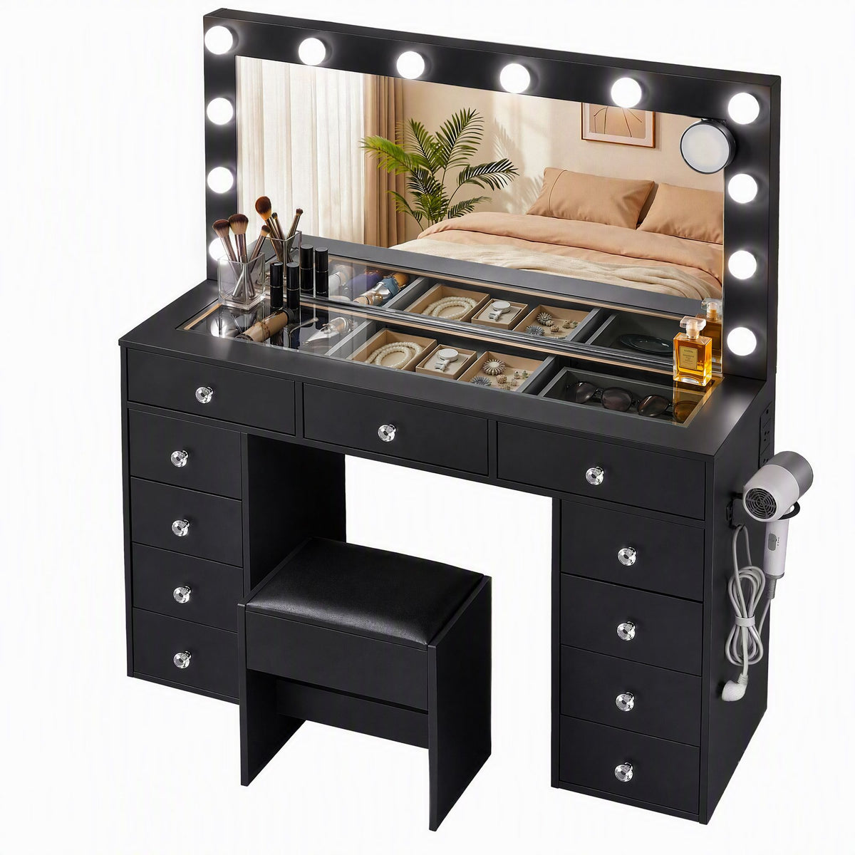 Artiss Black Dressing Table with Stool LED Mirror, Charging Station 11 Drawers