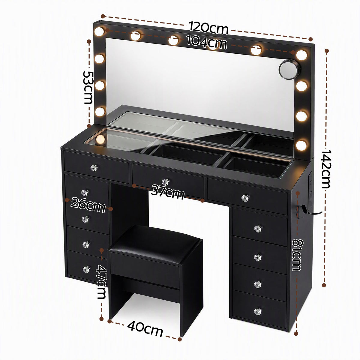 Artiss Black Dressing Table with Stool LED Mirror, Charging Station 11 Drawers