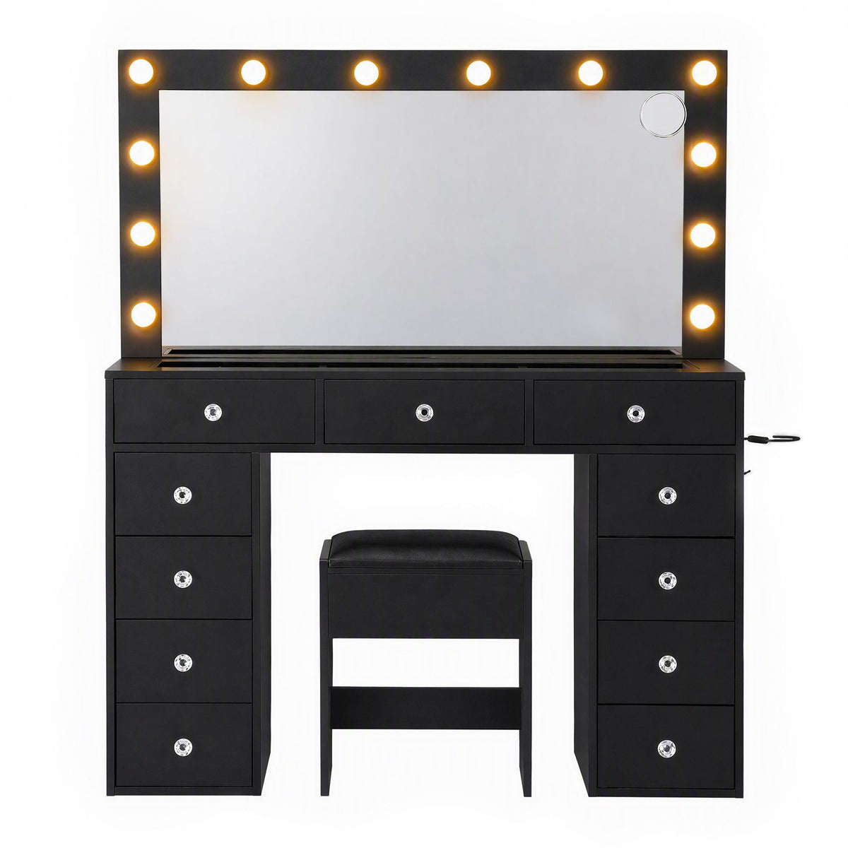 Artiss Black Dressing Table with Stool LED Mirror, Charging Station 11 Drawers