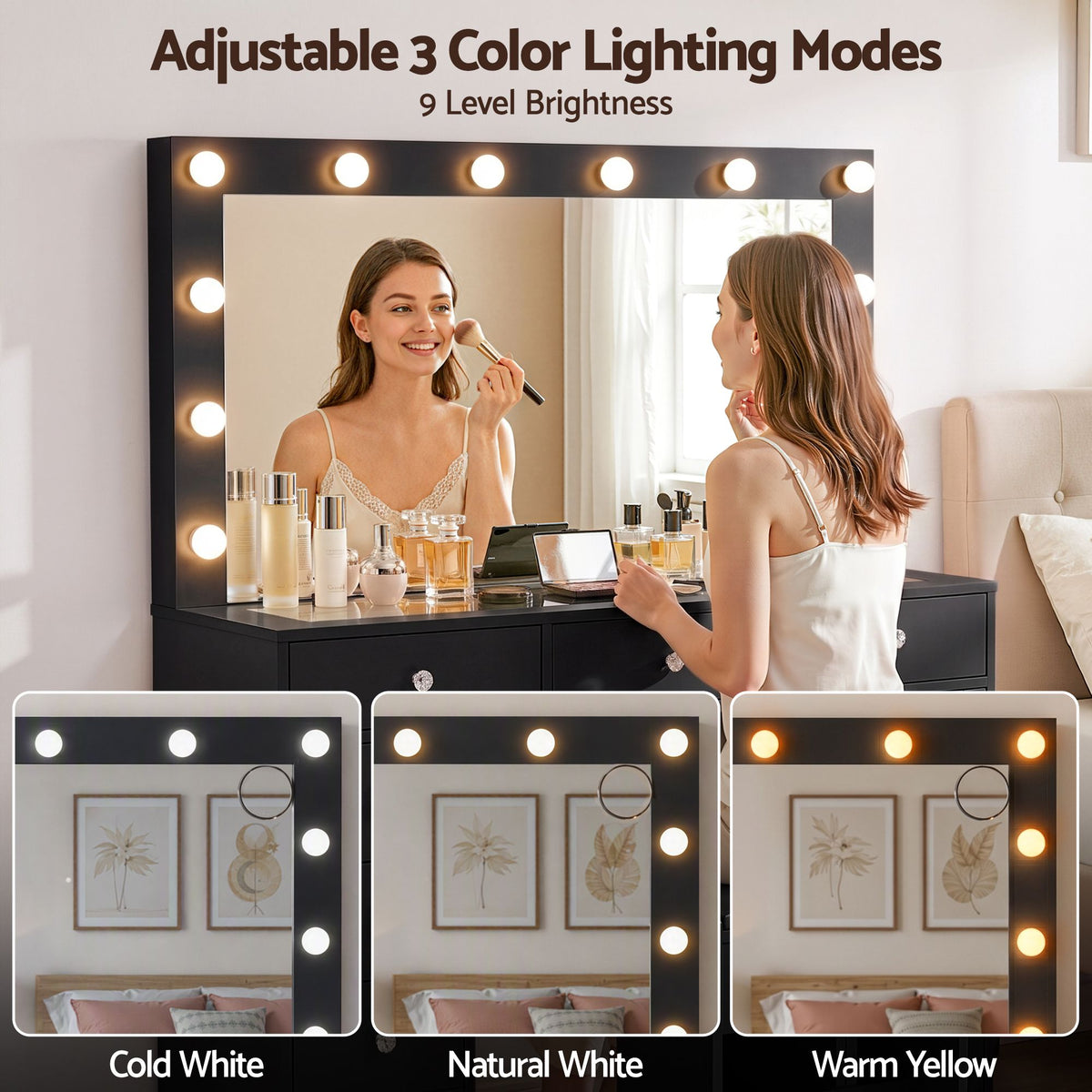 Artiss Black Dressing Table with Stool LED Mirror, Charging Station 11 Drawers
