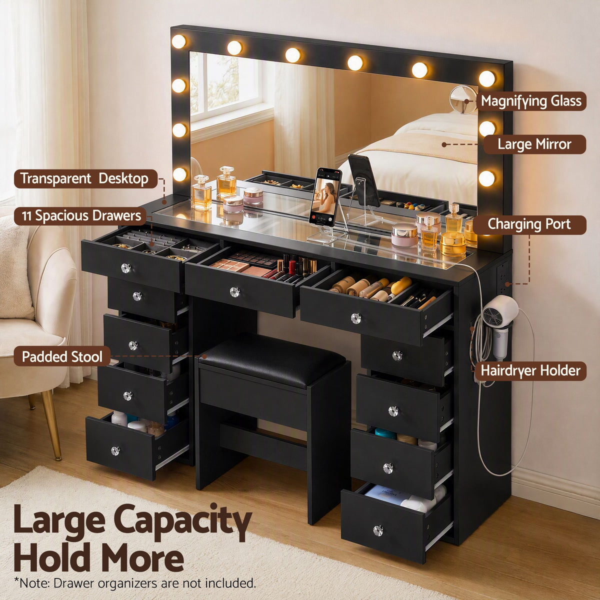 Artiss Black Dressing Table with Stool LED Mirror, Charging Station 11 Drawers