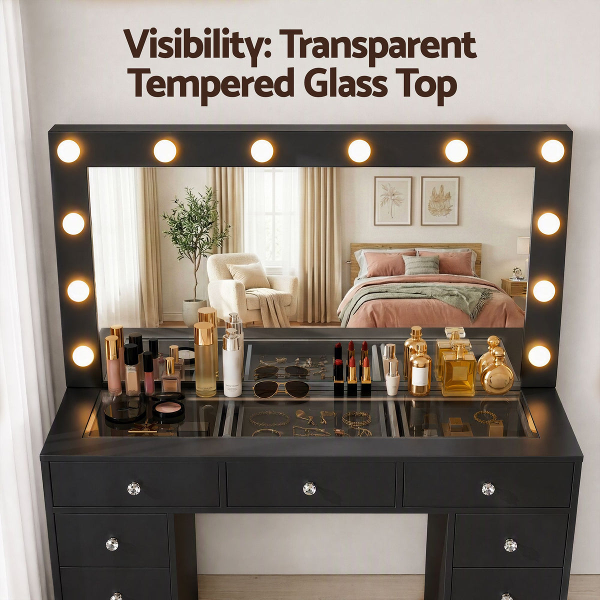 Artiss Black Dressing Table with Stool LED Mirror, Charging Station 11 Drawers