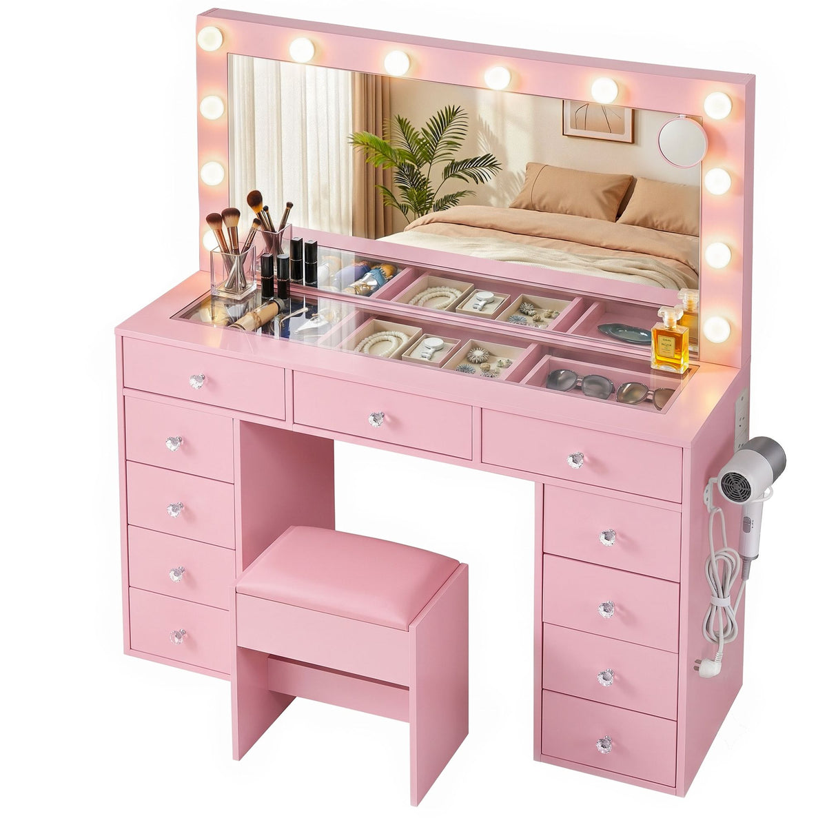 Artiss Pink Dressing Table with Stool LED Mirror, Charging Station 11 Drawers