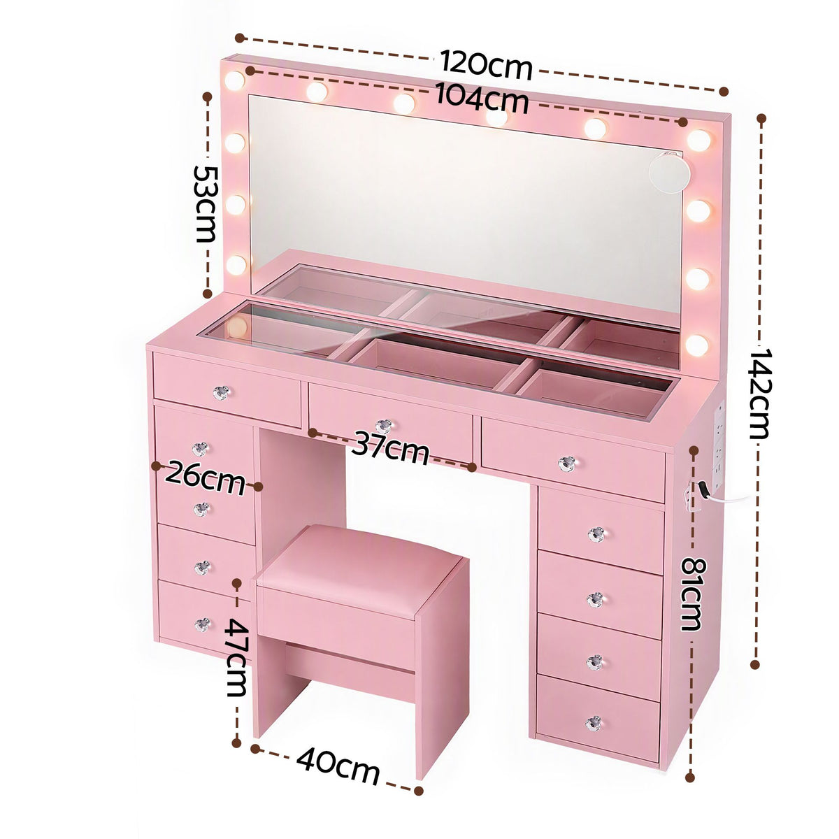 Artiss Pink Dressing Table with Stool LED Mirror, Charging Station 11 Drawers
