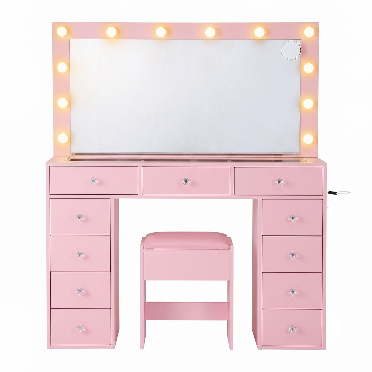 Artiss Pink Dressing Table with Stool LED Mirror, Charging Station 11 Drawers