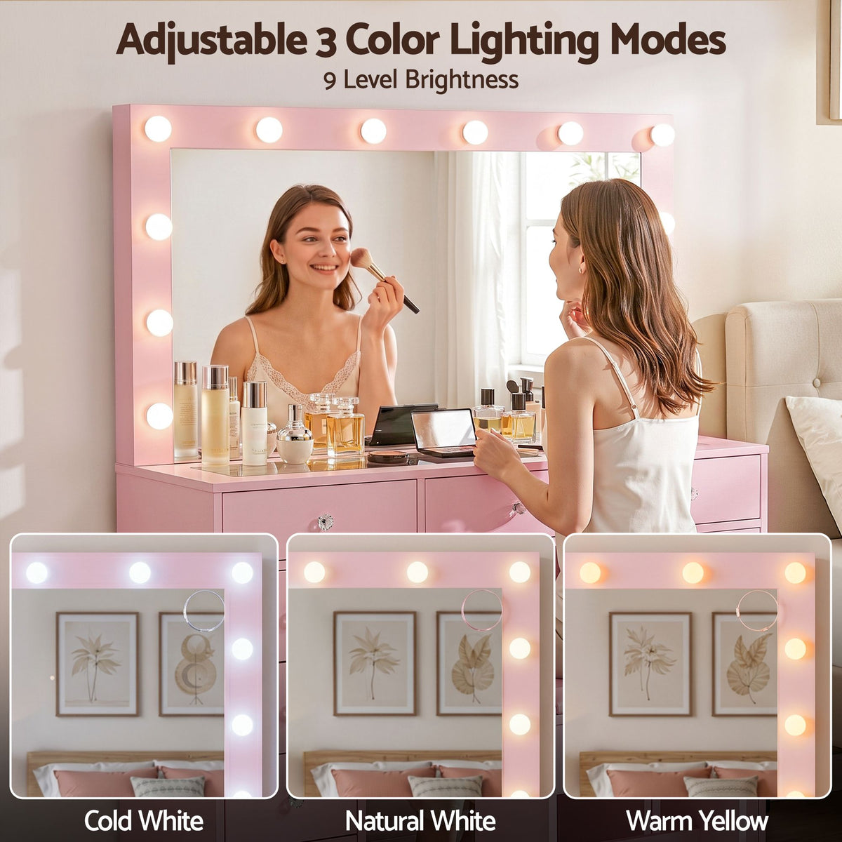 Artiss Pink Dressing Table with Stool LED Mirror, Charging Station 11 Drawers