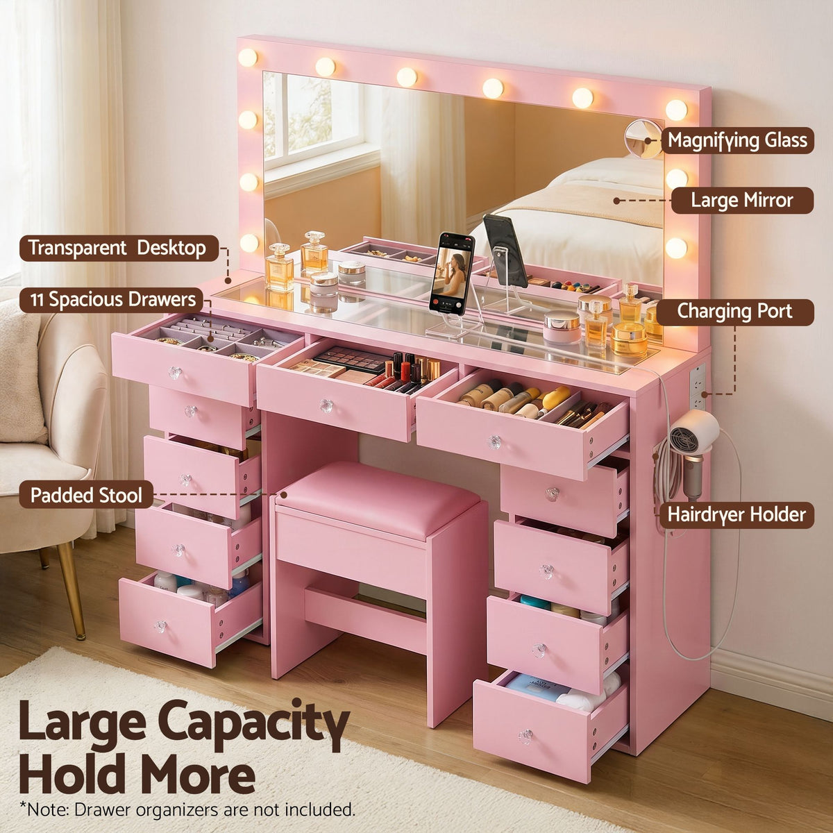Artiss Pink Dressing Table with Stool LED Mirror, Charging Station 11 Drawers