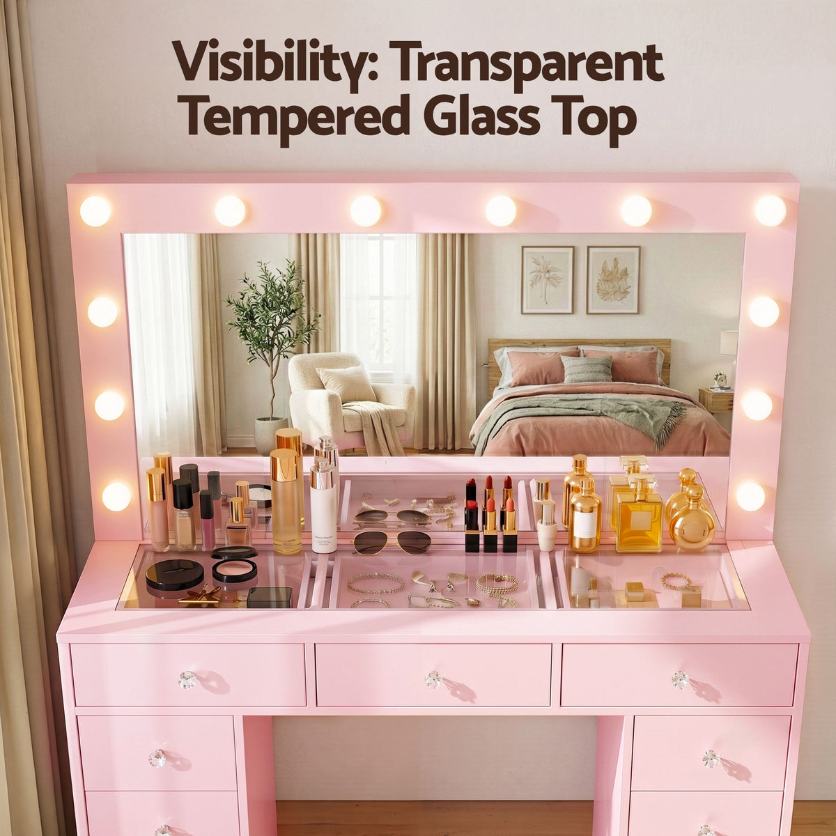 Artiss Pink Dressing Table with Stool LED Mirror, Charging Station 11 Drawers