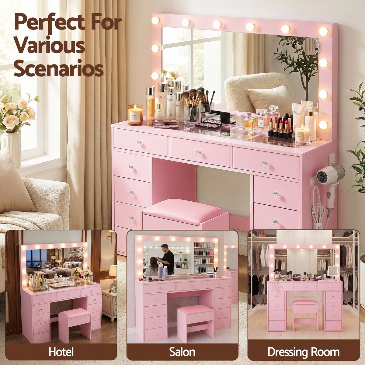 Artiss Pink Dressing Table with Stool LED Mirror, Charging Station 11 Drawers