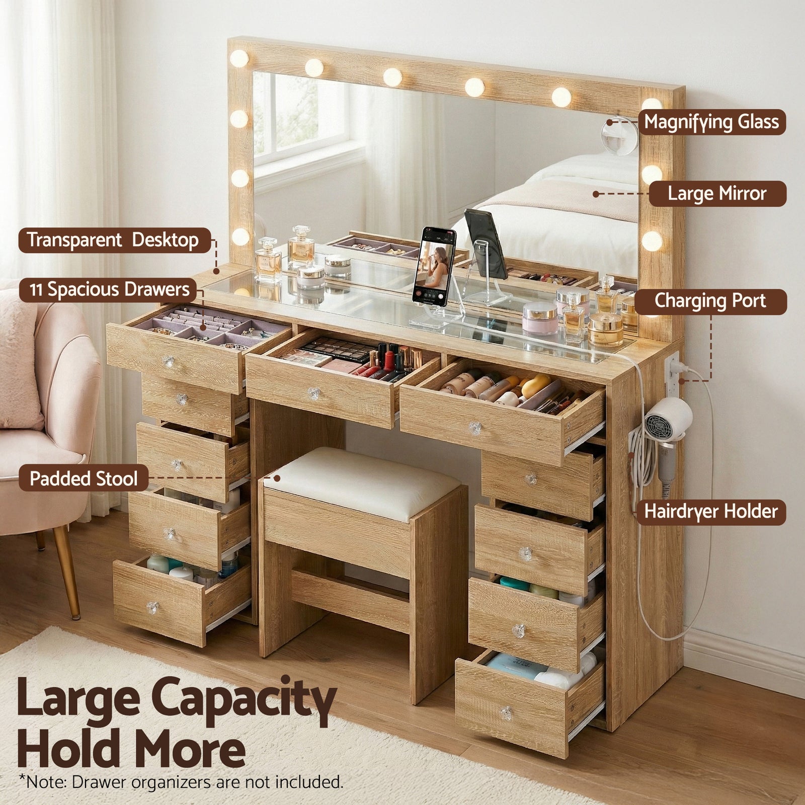 Dressing Table Vanity Desk Set Stool LED Bulbs Wood