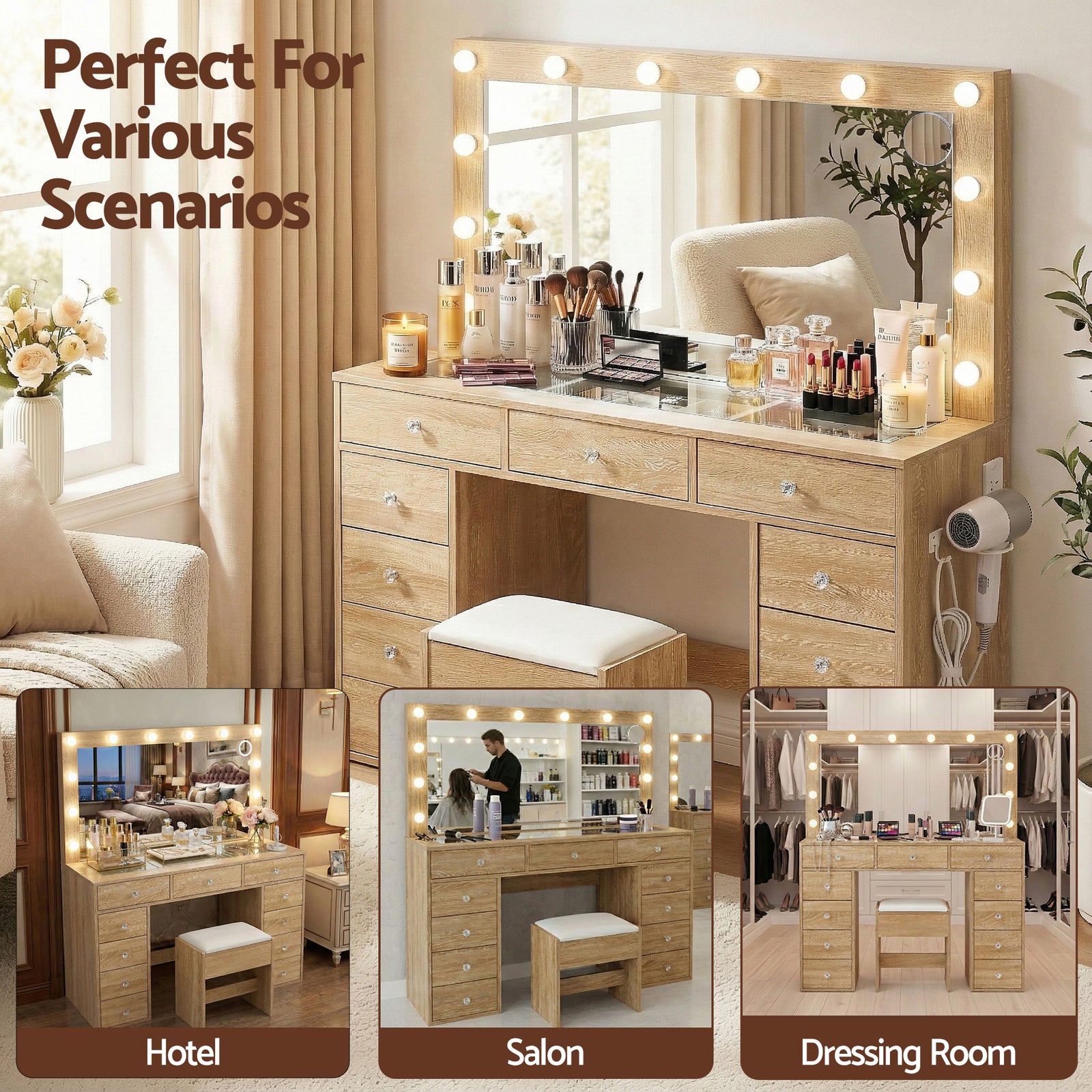 Dressing Table Vanity Desk Set Stool LED Bulbs Wood