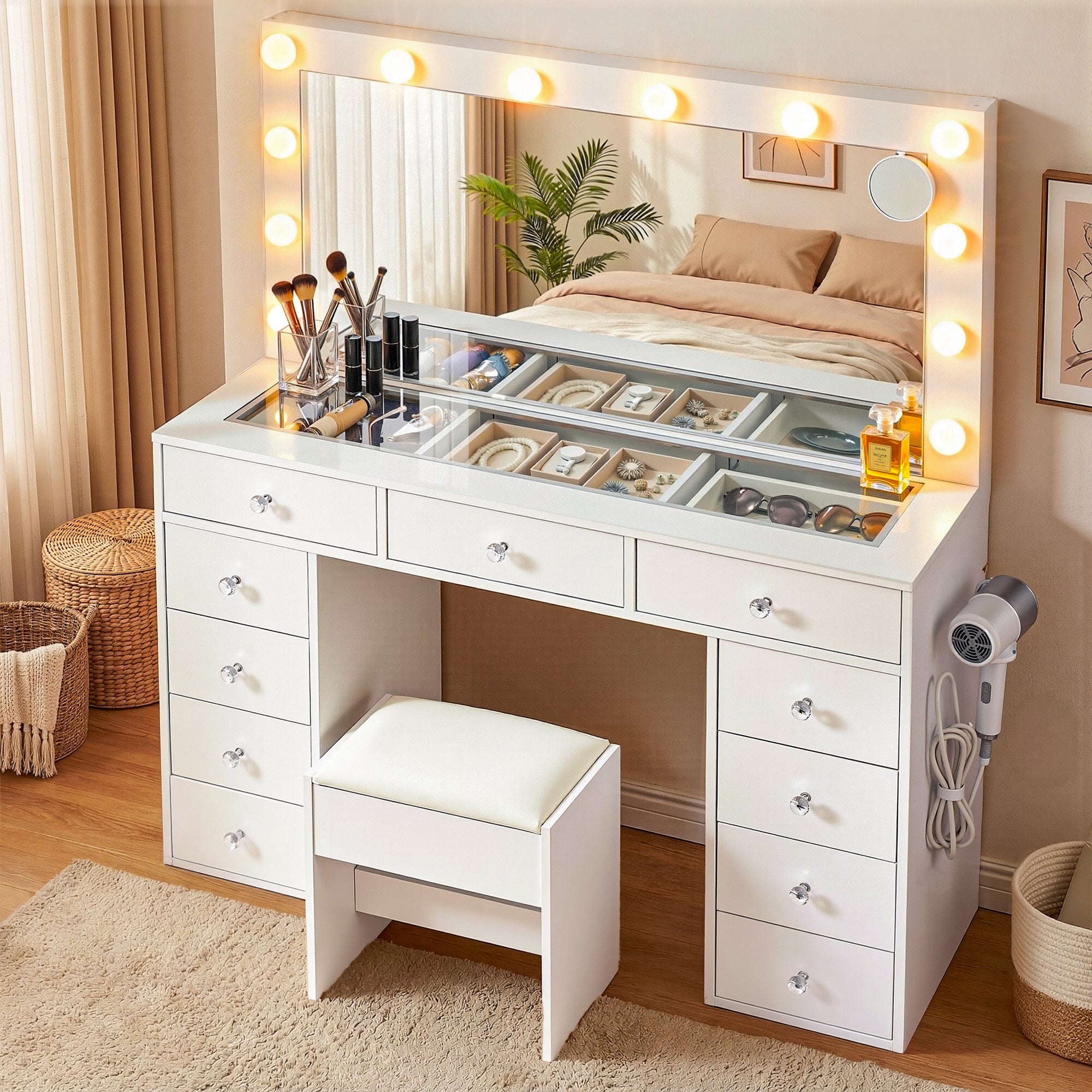 Dressing Table Vanity Desk Set Stool LED Bulbs White