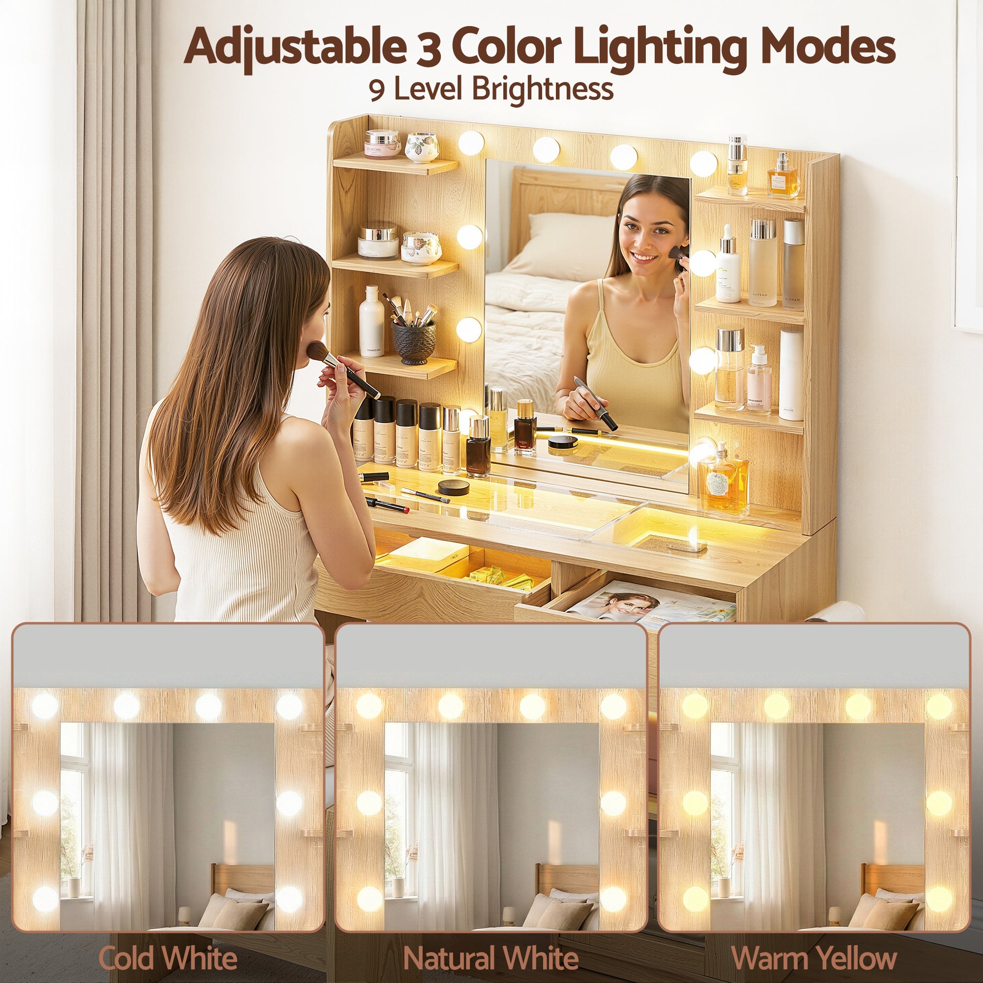 Dressing Table Vanity Desk Set 10 LED Bulbs RGB Light Wood