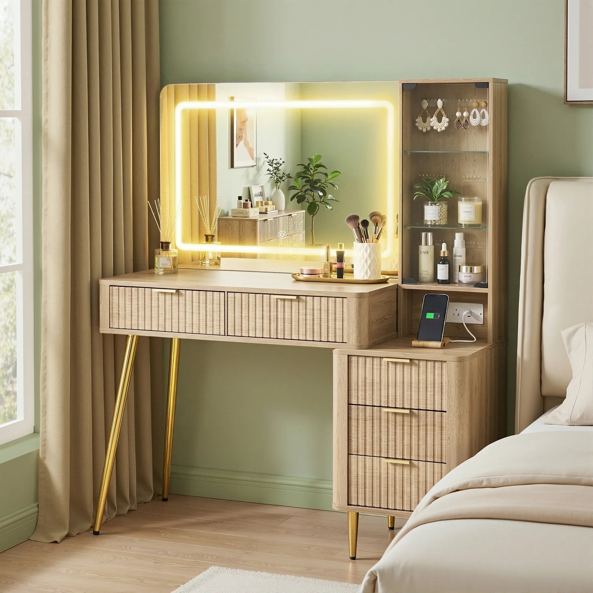 Dressing Table LED Vanity Desk Charging Station Wood