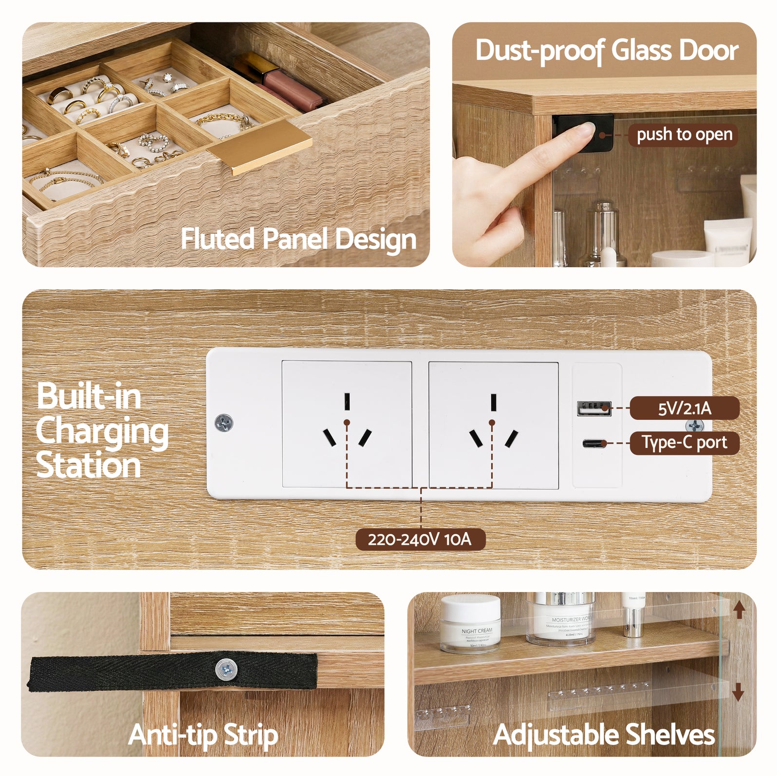 Dressing Table LED Vanity Desk Charging Station Wood