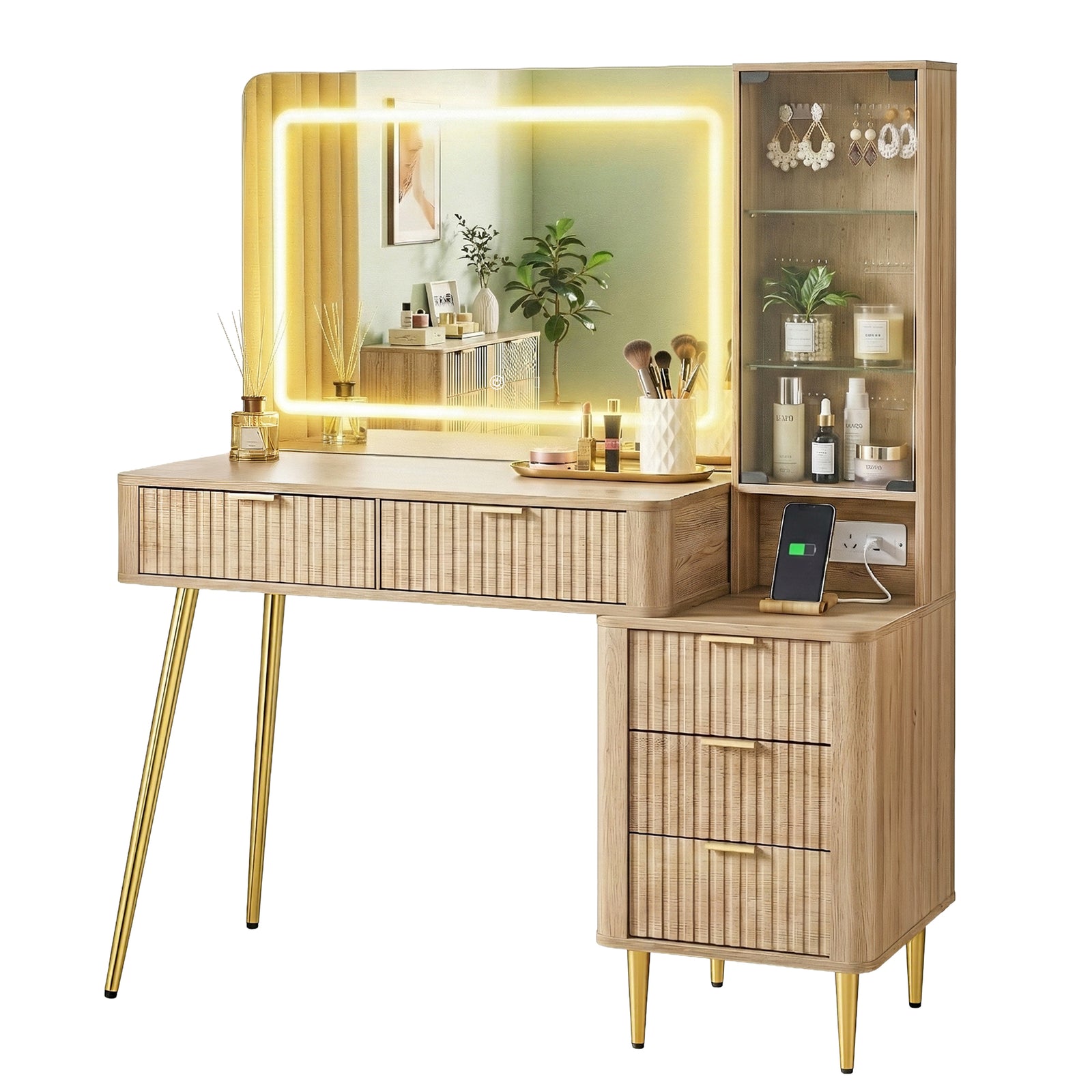 Dressing Table LED Vanity Desk Charging Station Wood
