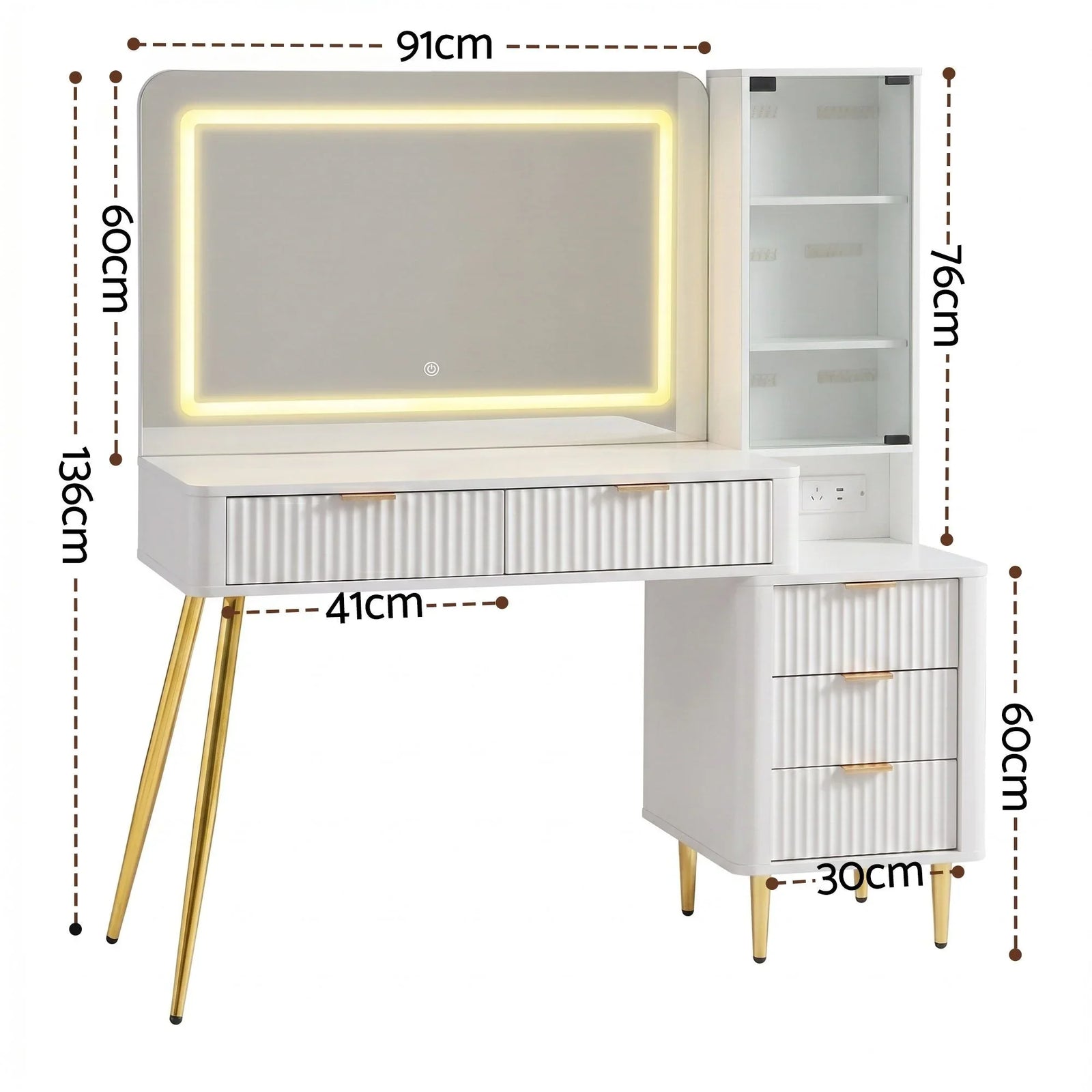 Artiss LED Vanity Desk – Hollywood Mirror, Charging Station, 5 Drawers, Glass Door