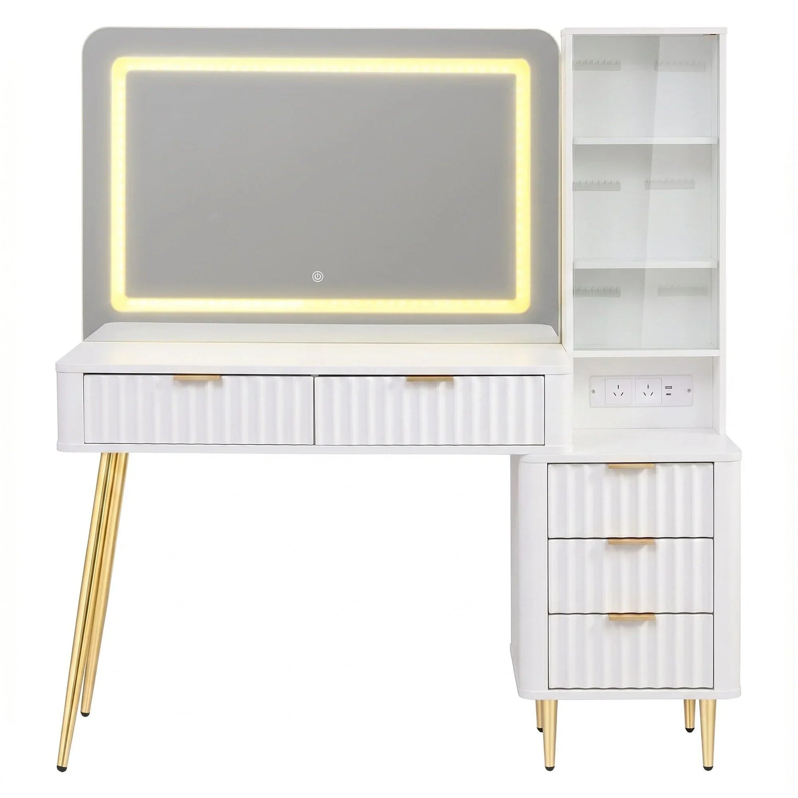 Artiss LED Vanity Desk – Hollywood Mirror, Charging Station, 5 Drawers, Glass Door