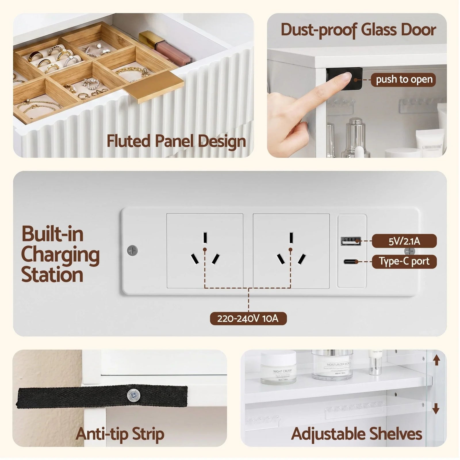 Artiss LED Vanity Desk – Hollywood Mirror, Charging Station, 5 Drawers, Glass Door