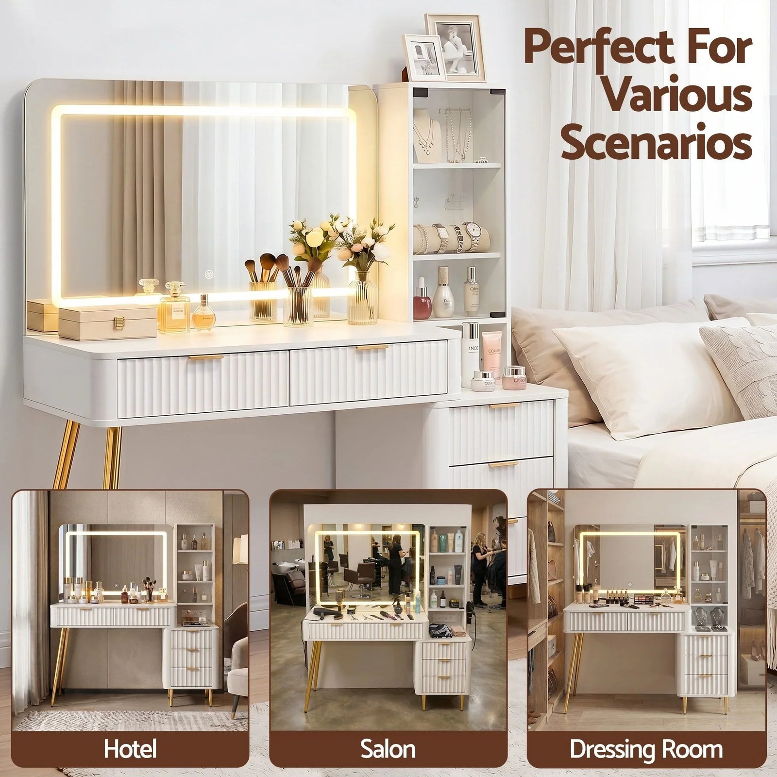 Artiss LED Vanity Desk – Hollywood Mirror, Charging Station, 5 Drawers, Glass Door