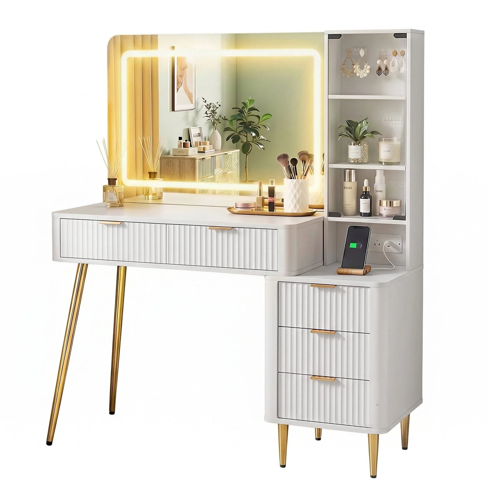 Artiss LED Vanity Desk – Hollywood Mirror, Charging Station, 5 Drawers, Glass Door