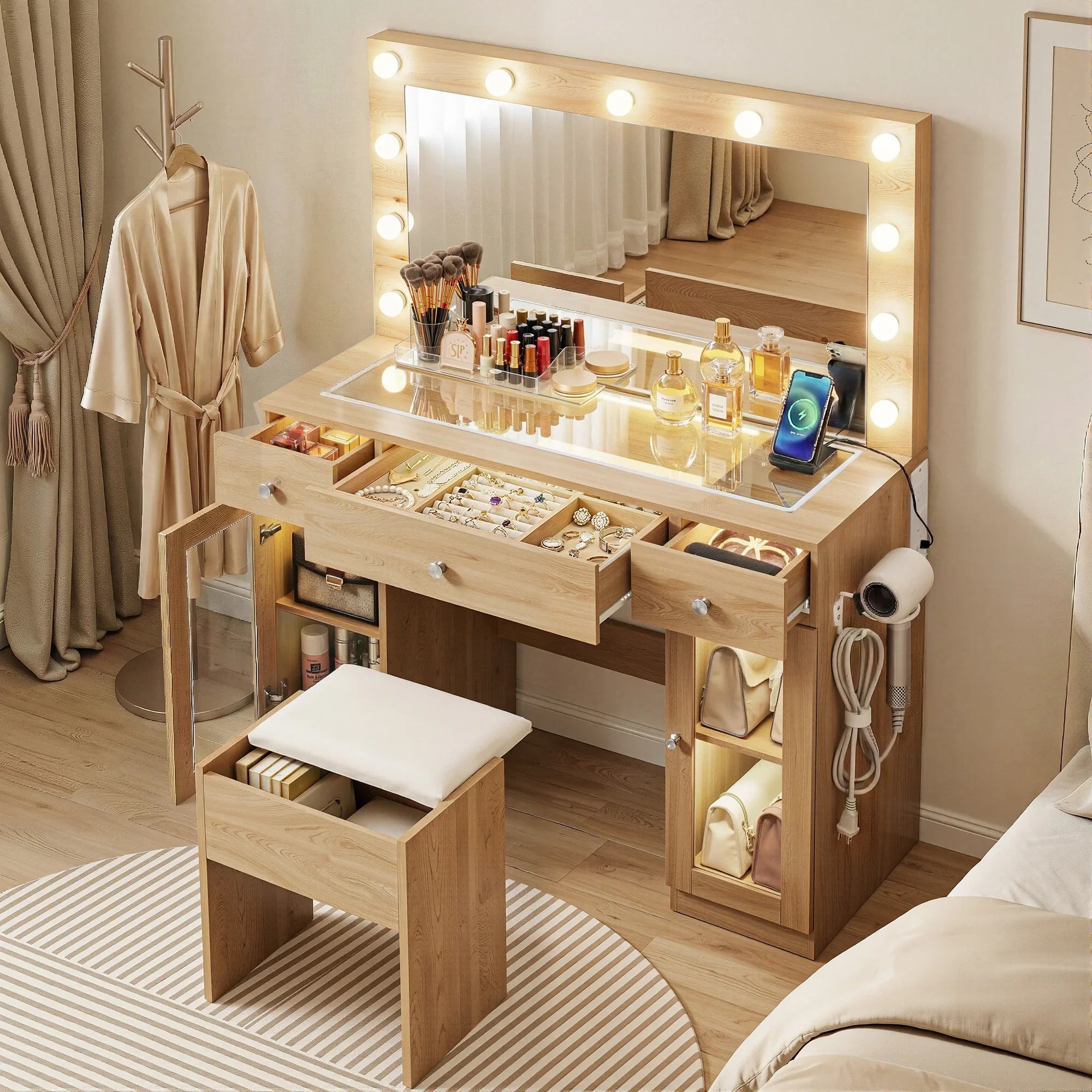 Dressing Table LED Vanity Desk Charging Station Wood