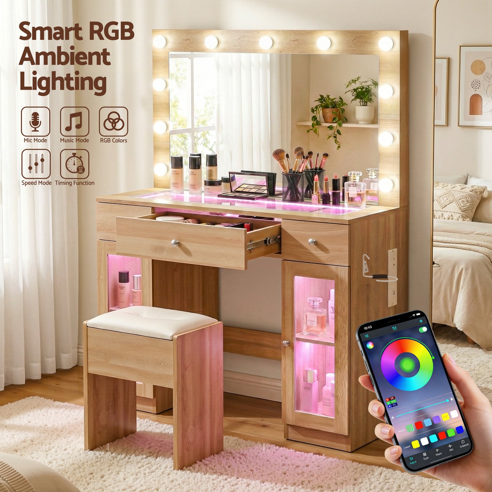 Dressing Table Vanity Desk Set LED Bulbs RGB Light Wood