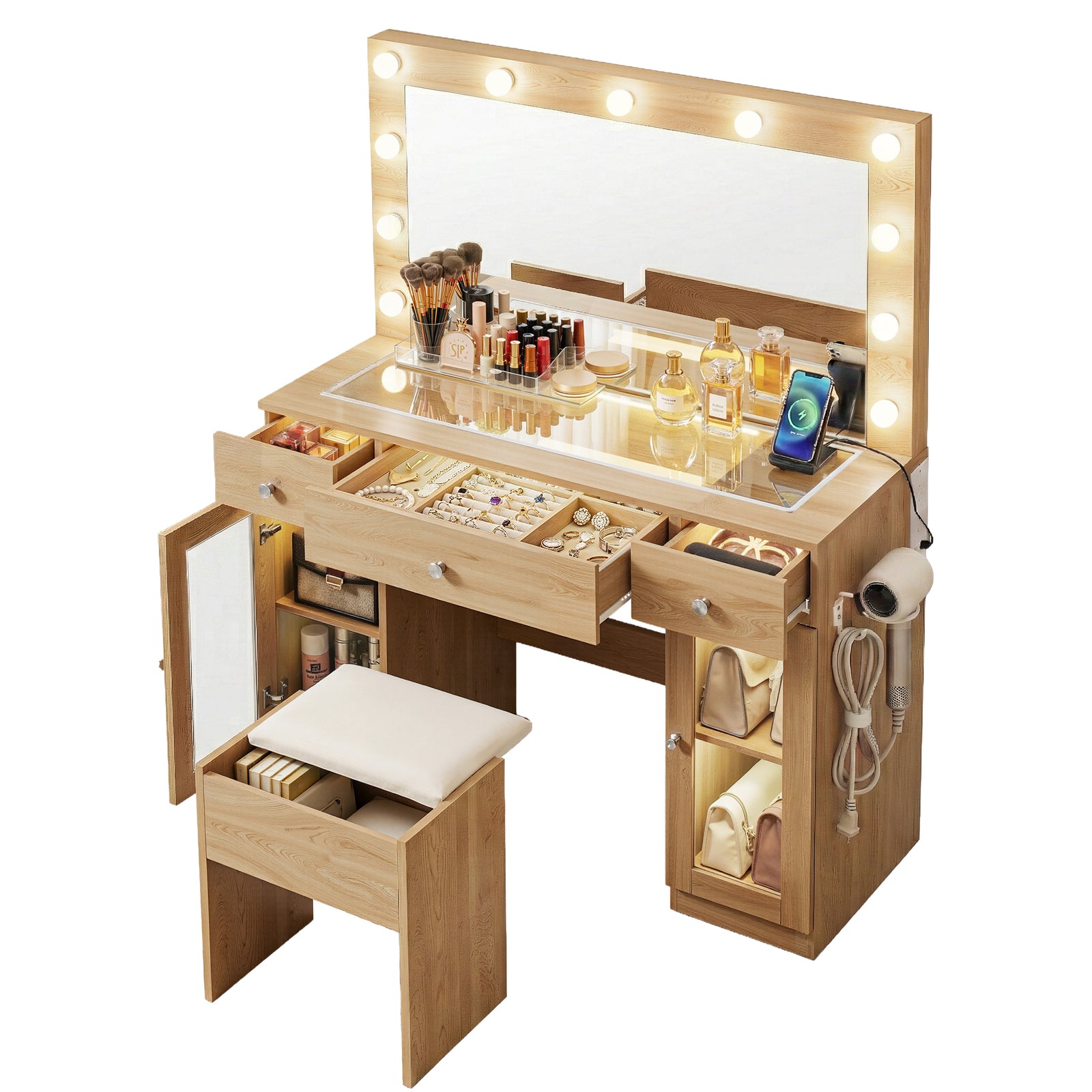 Dressing Table Vanity Desk Set LED Bulbs RGB Light Wood