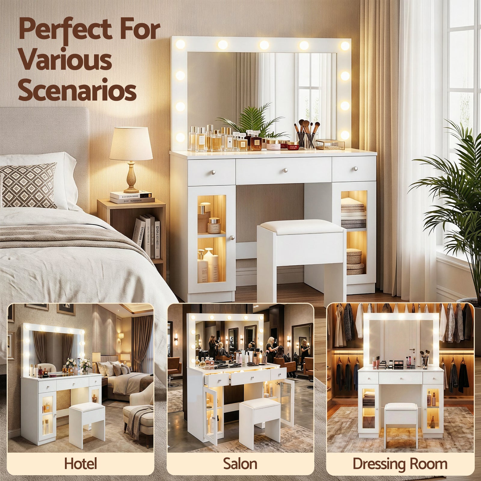 Dressing Table Vanity Desk Set LED Bulbs RGB Light White