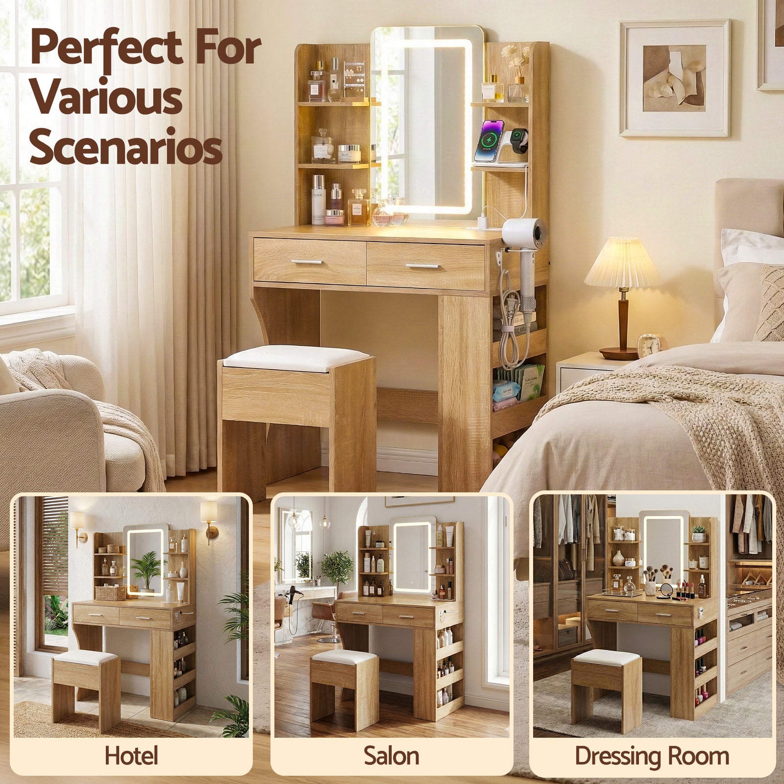 Dressing Table LED Vanity Desk Set Stool Wood