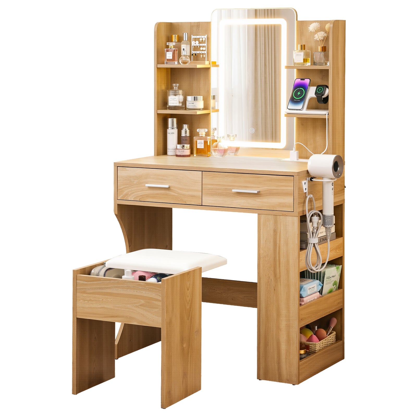Dressing Table LED Vanity Desk Set Stool Wood