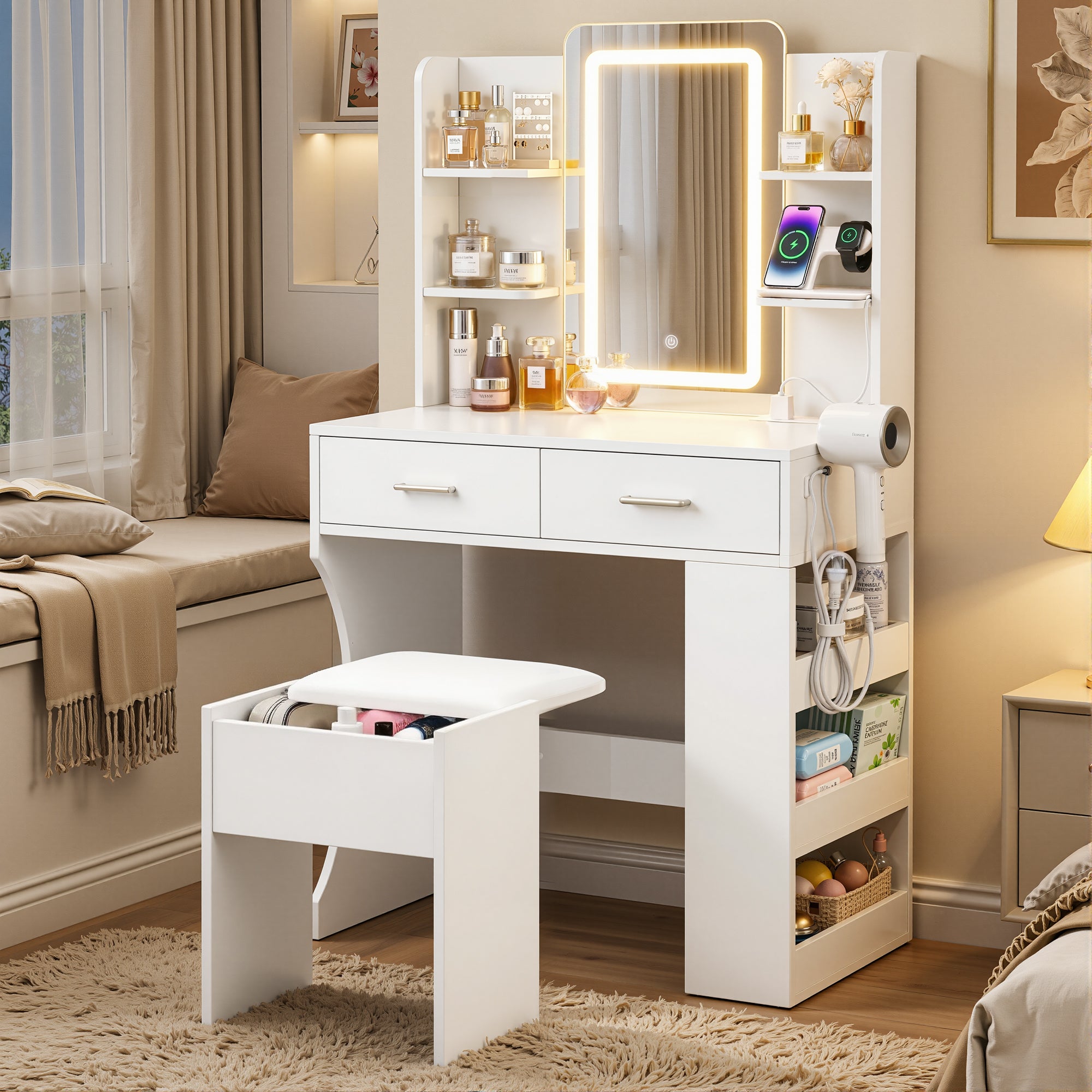 Dressing Table LED Vanity Desk Set Stool White