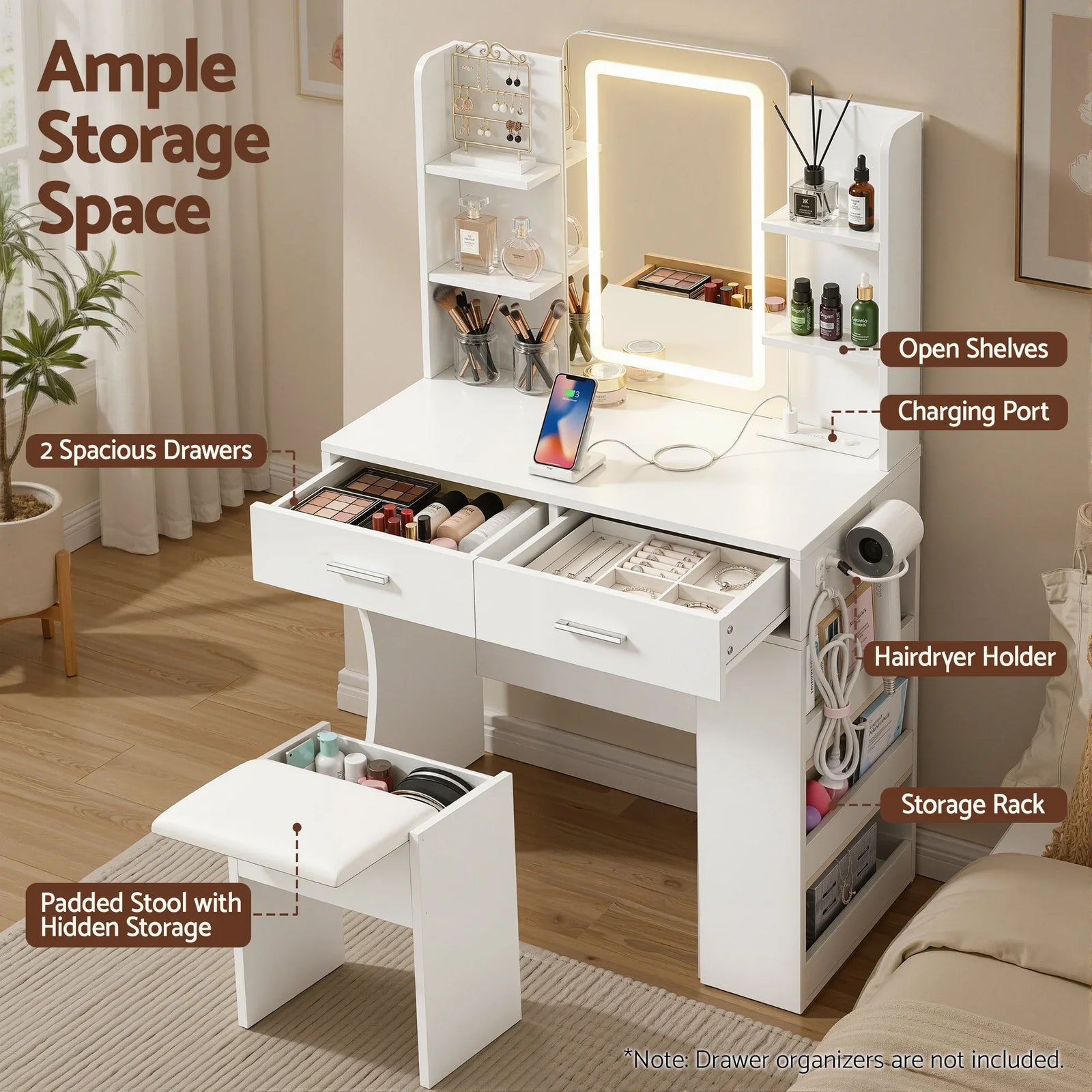 Dressing Table LED Vanity Desk Set Stool White