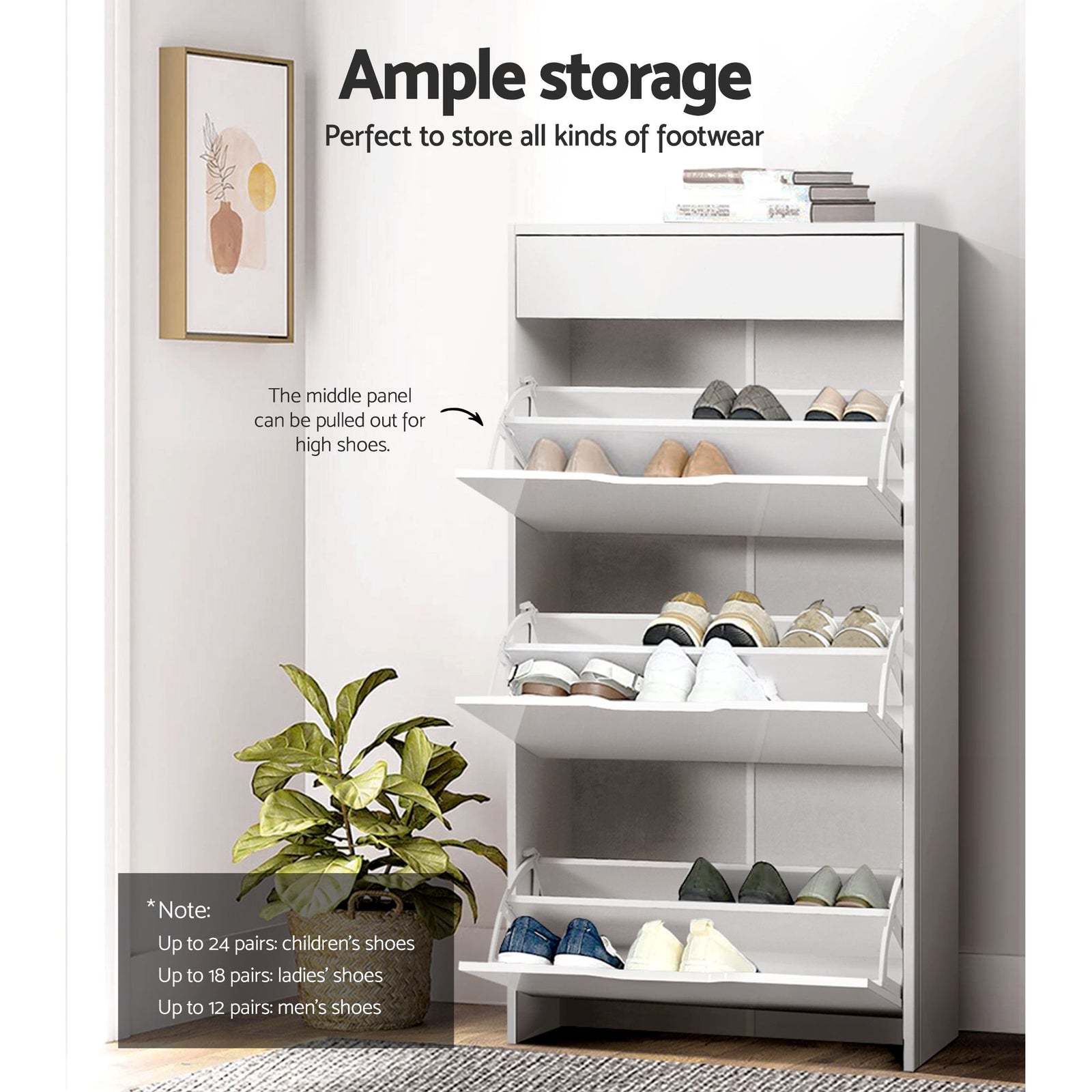 2‑Pack Shoe Cabinets – 3 Flip Drawers + Top Drawer, High Gloss White