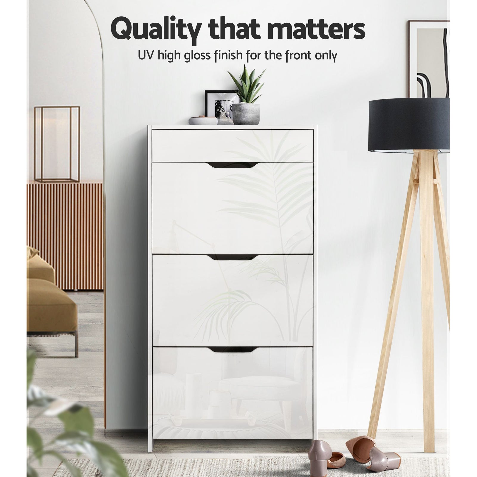 2‑Pack Shoe Cabinets – 3 Flip Drawers + Top Drawer, High Gloss White