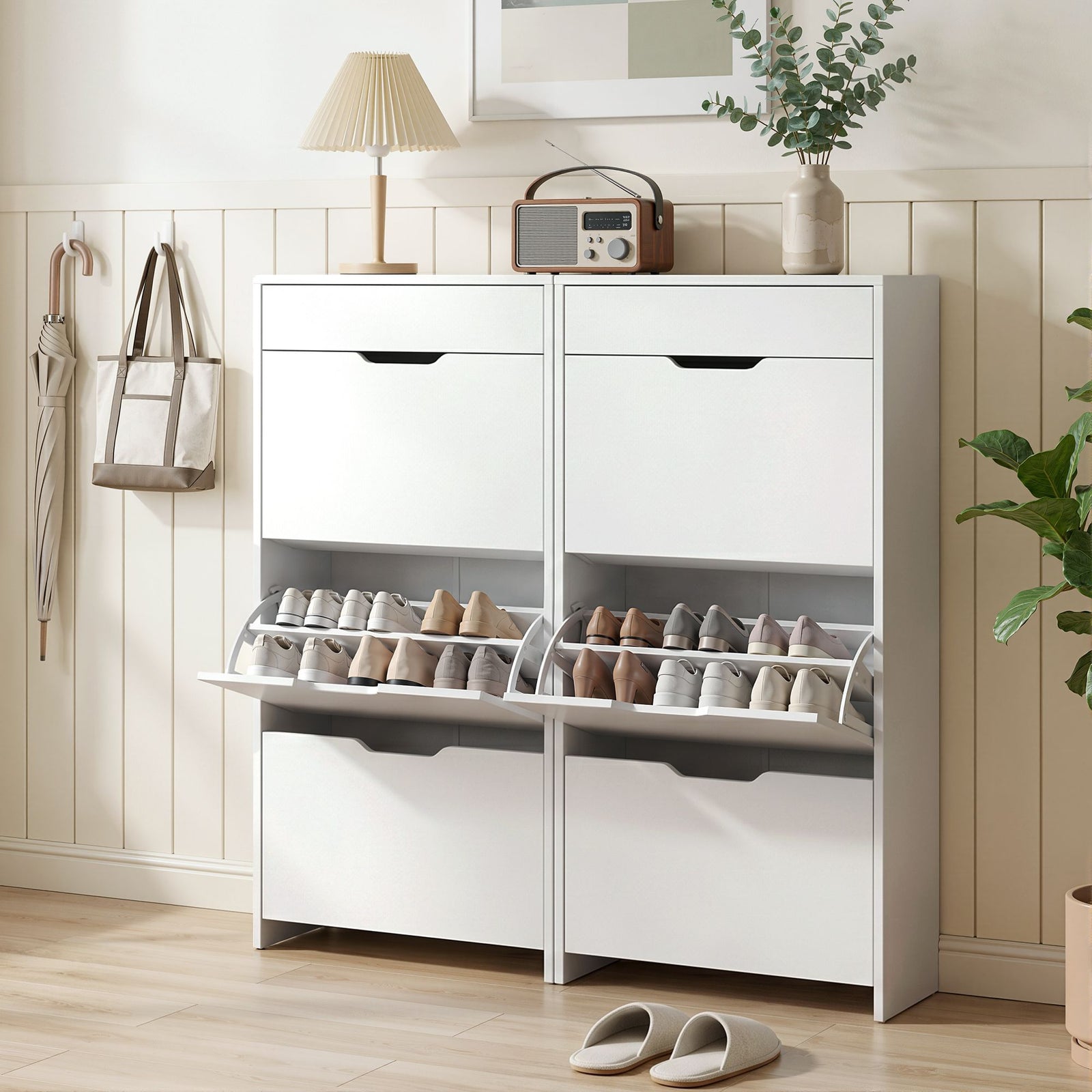 2‑Pack Shoe Cabinets – 3 Flip Drawers + Top Drawer, High Gloss White
