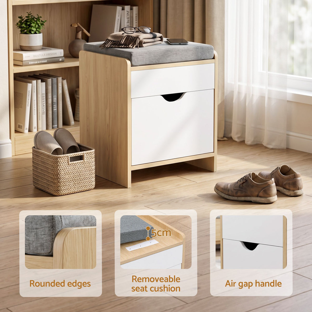 Artiss Storage Ottoman with Drawer, 100kg Capacity, Removable Cushion, Pine
