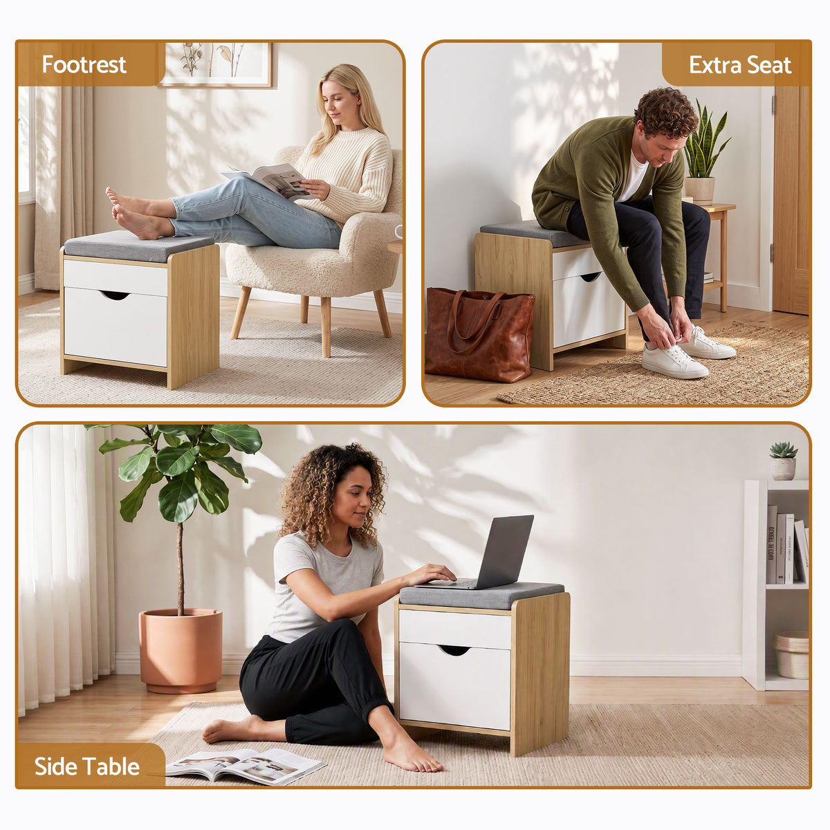 Artiss Storage Ottoman with Drawer, 100kg Capacity, Removable Cushion, Pine