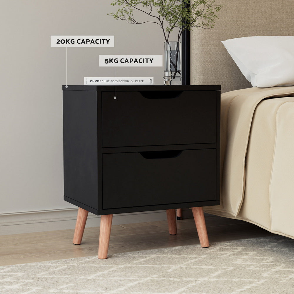 2 x Bedside Table 2 Drawers - BODEN Black