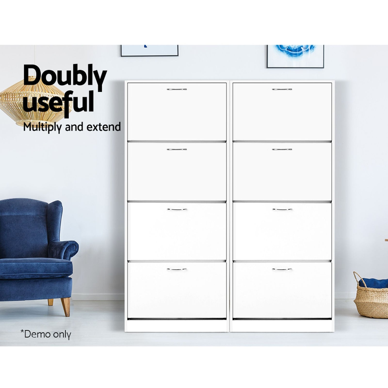 Artiss Shoe Cabinet Set 2‑Piece White – 4 Flip Drawers, Adjustable Shelves, 160cm