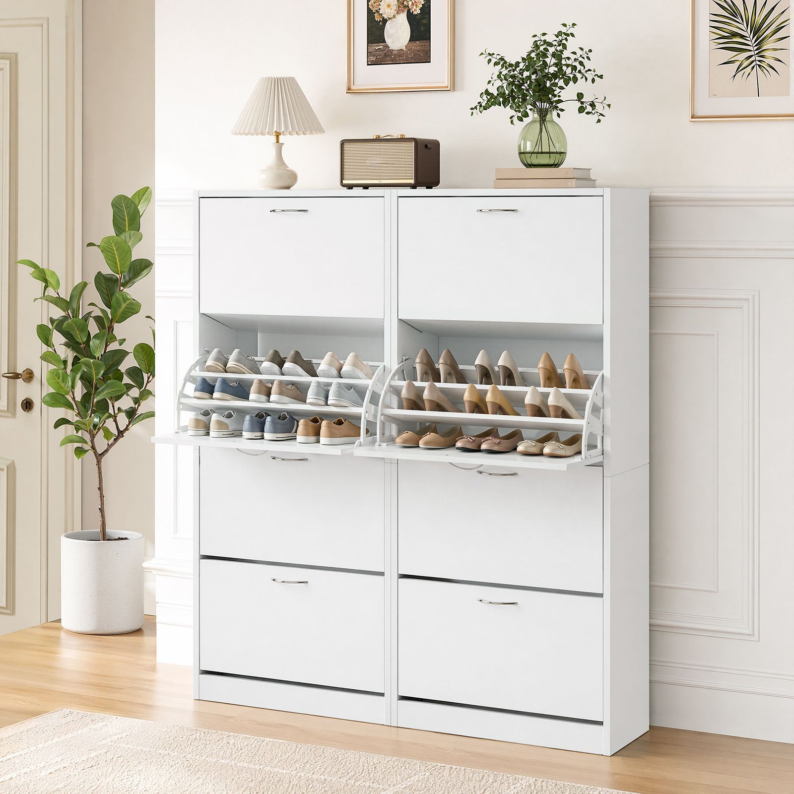 Artiss Shoe Cabinet Set 2‑Piece White – 4 Flip Drawers, Adjustable Shelves, 160cm
