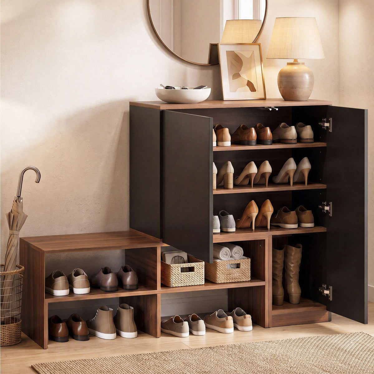 Artiss 2 in 1 Shoe Cabinet Bench 22 Pairs Adjustable Shelf Hallway Walnut Black