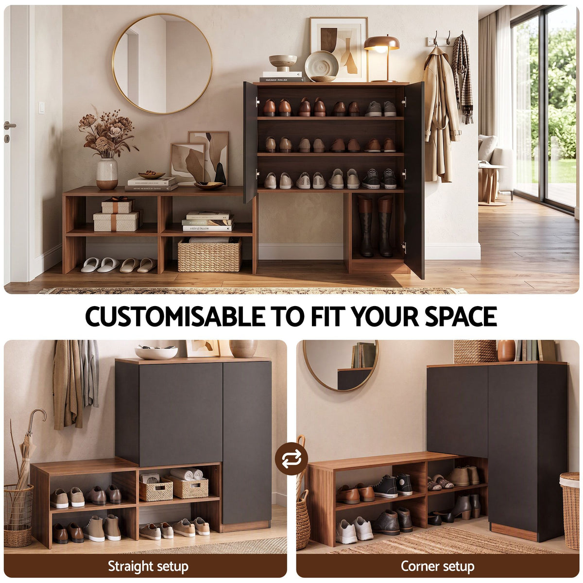Artiss 2 in 1 Shoe Cabinet Bench 22 Pairs Adjustable Shelf Hallway Walnut Black
