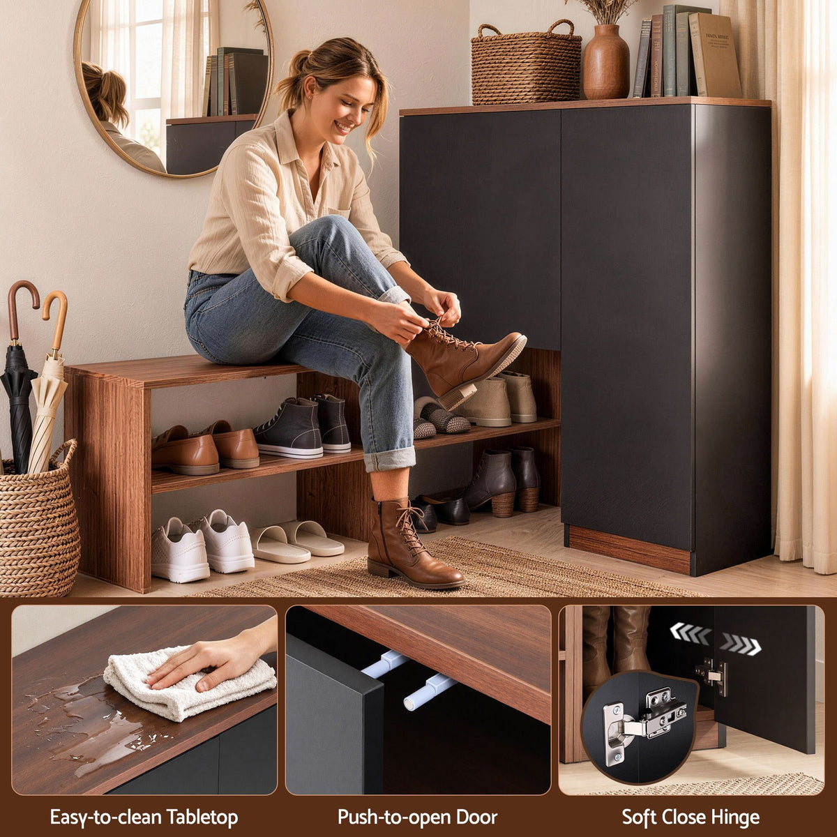 Artiss 2 in 1 Shoe Cabinet Bench 22 Pairs Adjustable Shelf Hallway Walnut Black