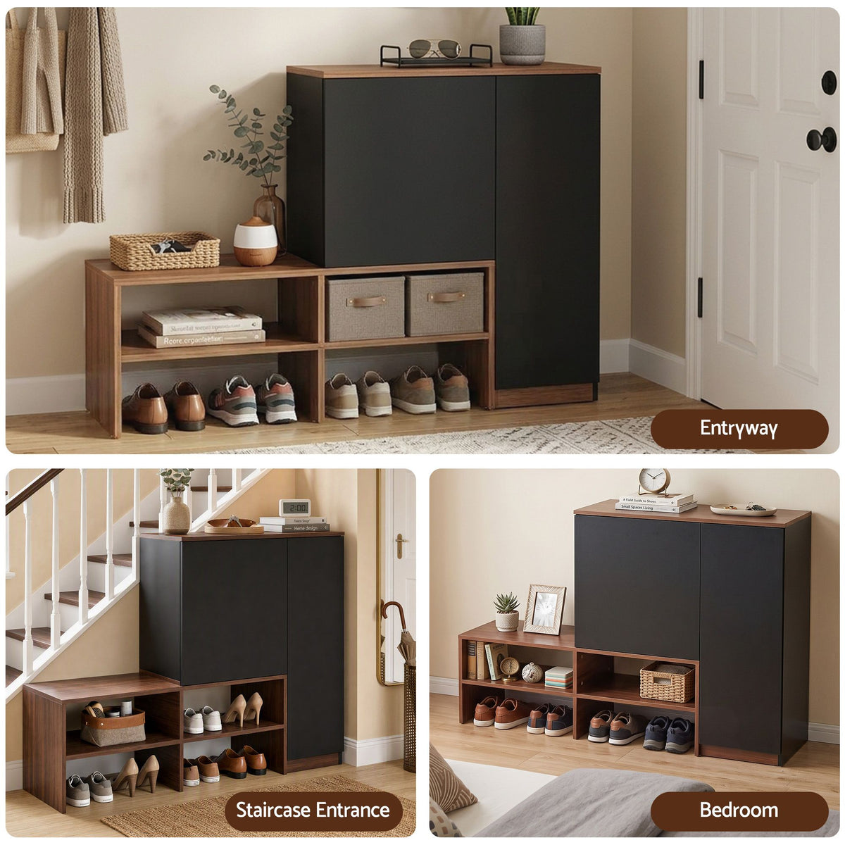 Artiss 2 in 1 Shoe Cabinet Bench 22 Pairs Adjustable Shelf Hallway Walnut Black